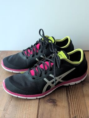 ASICS S466N Gel-Fit Nova Black Athletic Sneakers with Pink & Neon Yellow Women's